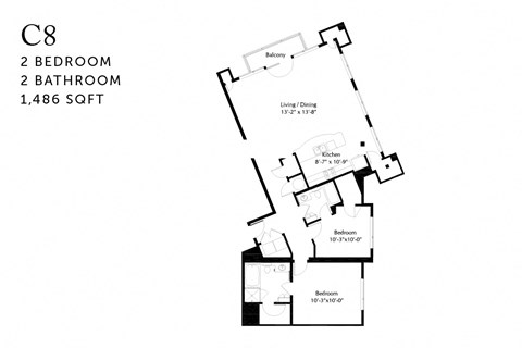 Floor plan for 2 beds, 2 baths, 1486 sqft